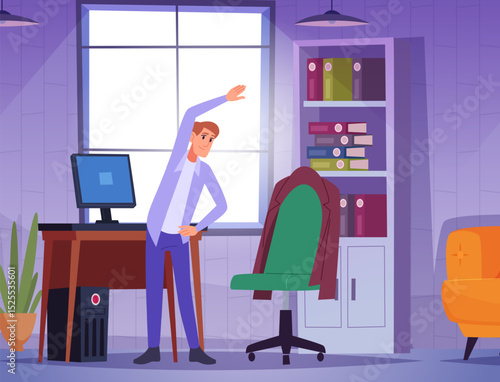 Office stretching. businessman making simple yoga sport exercises in workplace