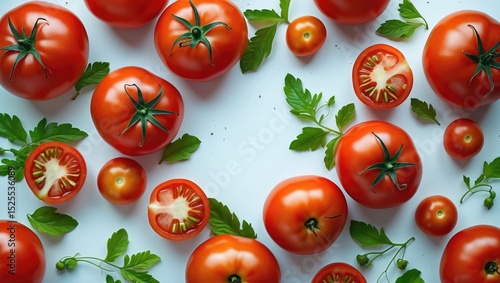 Fresh tomatoes and green leaves arranged on a light background. Concept of healthy eating, vegetables, freshness, and food ingredients.
