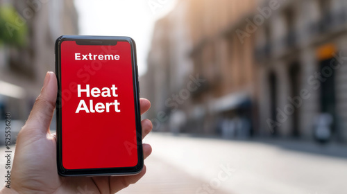 Extreme heat alert notification on smartphone display in urban environment