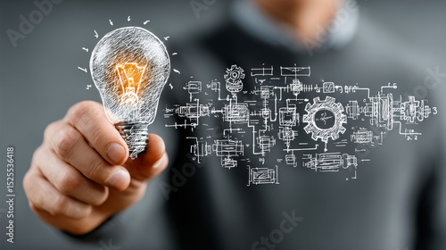 ERP: Hands of businessman holding light bulb and ERP with data network digital technology. Integration, automation, efficiency, innovation.