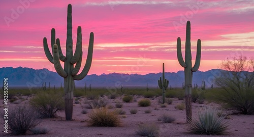 Fototapeta Naklejka Na Ścianę i Meble -  Desert landscape with cacti during sunset, pink and purple sky, mountain background.