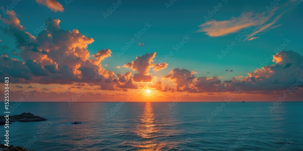 Obraz premium Sunset over the ocean with clouds and horizon, capturing a tranquil seascape scene.