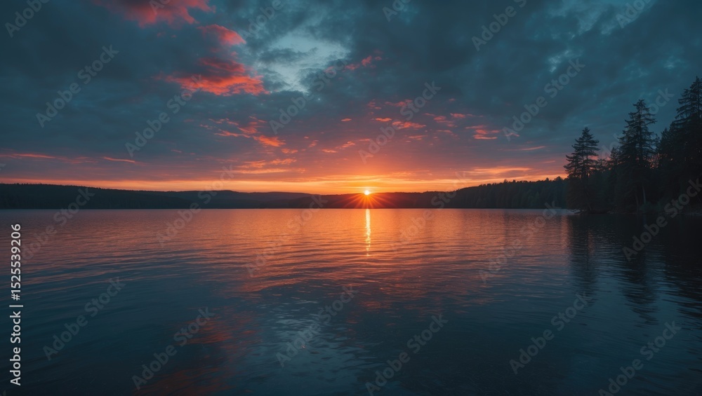 Fototapeta premium Sunset over a lake with clouds and silhouetted trees. Nature scene. Tranquil water and vibrant sky. The concept of peacefulness and natural beauty.