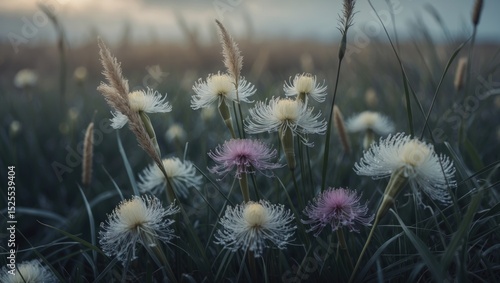 Wallpaper Mural Close-up of wildflowers with fluffy white and pink blossoms in a grassy field during sunset. Nature, flowers, and outdoor scene. Torontodigital.ca