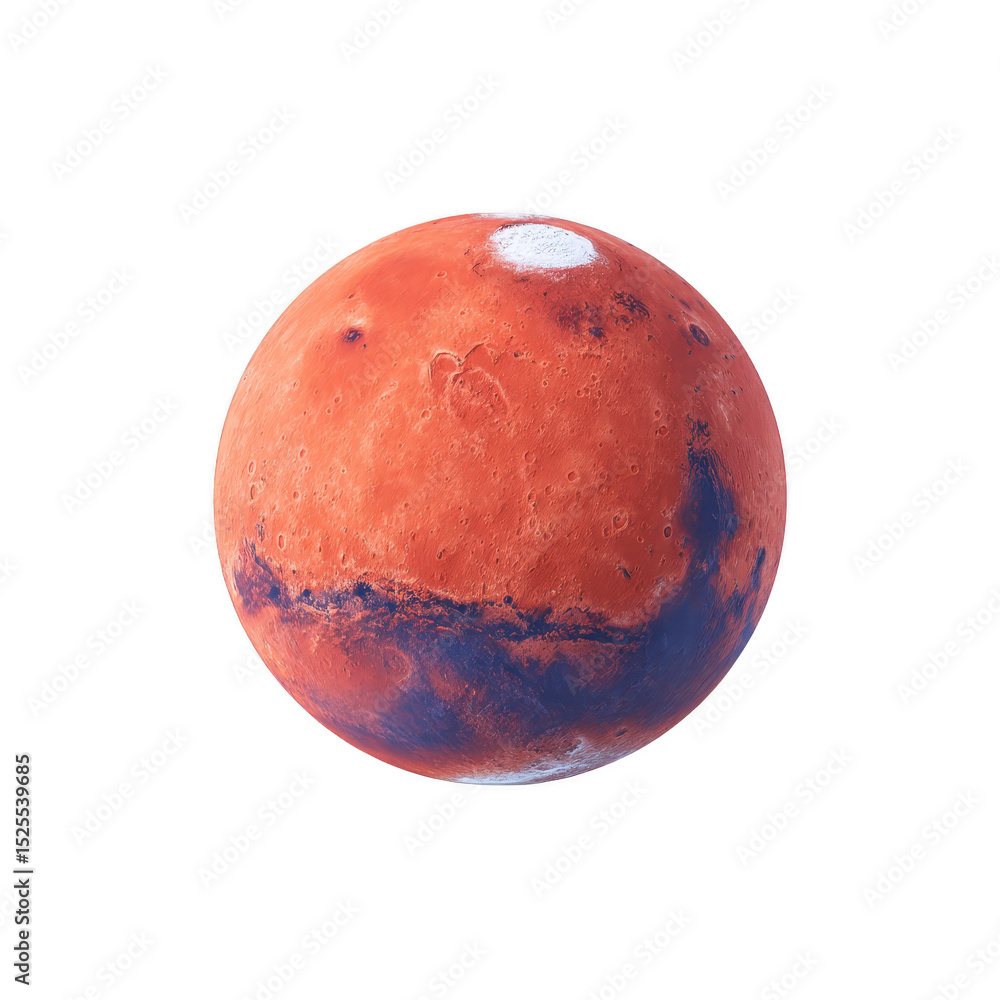Fototapeta premium Detailed image of planet Mars, showcasing its reddish surface and polar ice cap, isolated on transparency background. planet surface features craters and valleys