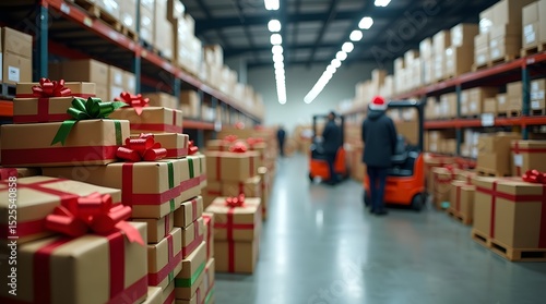 Festively wrapped packages with bows decorate a busy warehouse during the holiday season.