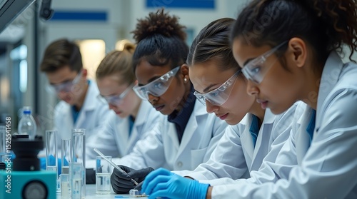 A focused group of diverse female students in lab coats engaged in scientific research in a modern laboratory.