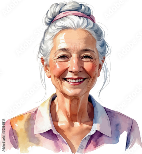 Smiling elderly woman portrait. Watercolor illustration with soft tones and warm expression.