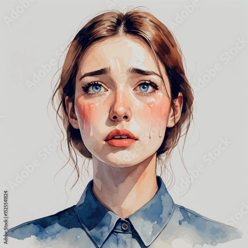 Tearful young woman portrait. Watercolor emotional art with soft sadness.