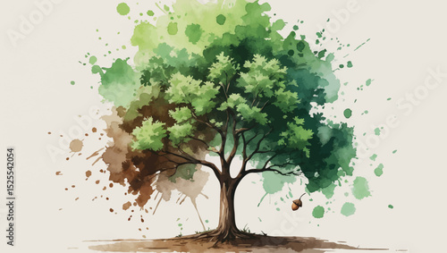 Watercolor Growth Success - Oak Tree from Acorn Long-term Achievement Illustration