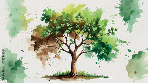 Watercolor Growth Success - Oak Tree from Acorn Long-term Achievement Illustration