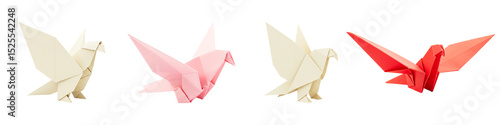 A row of origami doves in colors cream pink beige and red symbolize messages of peace on a black