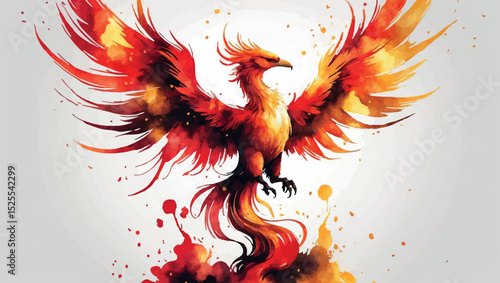 Watercolor Rebirth Success - Phoenix Rising from Ashes Transformation Triumph Illustration