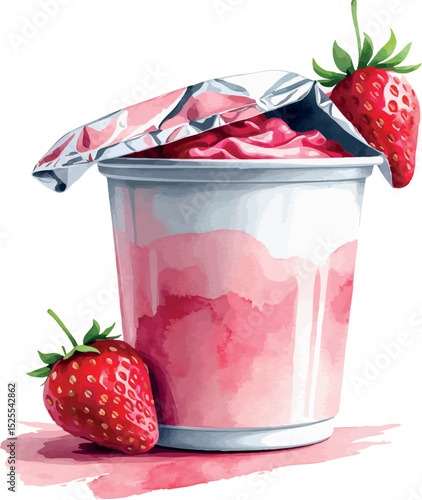 Yogurt cup watercolor vector. Dairy snack with fruit accent and artistic packaging.