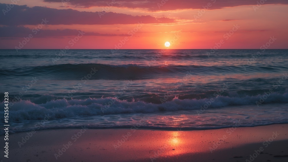 Obraz premium Sunset over the ocean with waves and reflections on the shore.