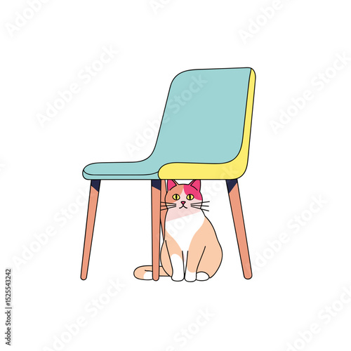 Cat sitting under colorful chair in minimalist style  