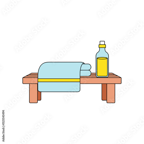 Simple wooden bench with rolled towels and a bottle of oil  
