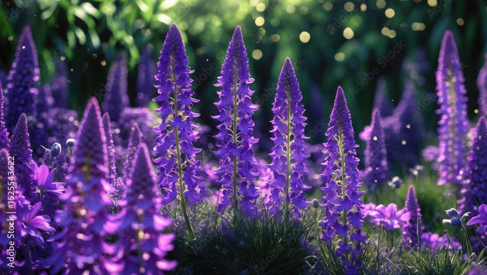Obraz premium Vibrant purple flowers in a garden with soft sunlight and greenery in the background.