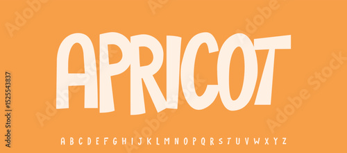 Summer Apricot drupe, joyful lettering, cartoon funny typography. Childish font for friendly logo headline of culinary recipe book, sweets, ice cream title. Food typographic design. Vector typeset.