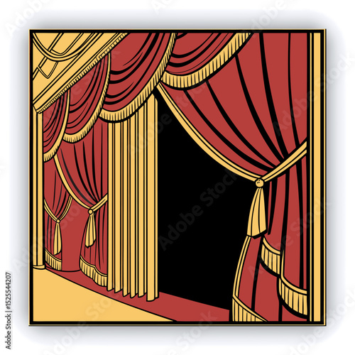 Red and gold theater curtains, richly detailed, are depicted.  The curtains are a deep red with sections of rich gold.  Pleats and folds of the fabric are meticulously rendered, giving a sense of drap