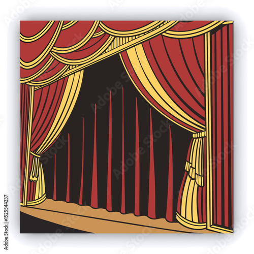 Red and gold theater curtains, richly detailed, are depicted.  The curtains are a deep red with sections of rich gold.  Pleats and folds of the fabric are meticulously rendered, giving a sense of drap