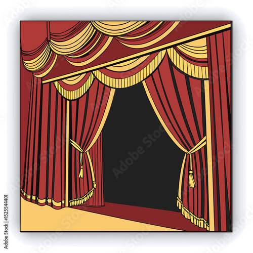 Red and gold theater curtains, richly detailed, are depicted.  The curtains are a deep red with sections of rich gold.  Pleats and folds of the fabric are meticulously rendered, giving a sense of drap