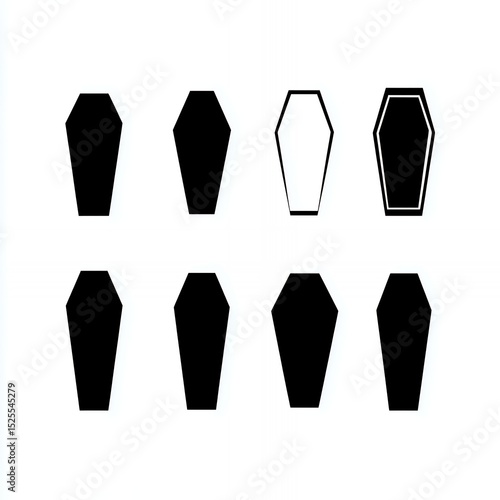 A collection of eight black coffins, with one white one in the middle, arranged in a row