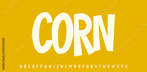 Summer Corn Grain, joyful lettering, cartoon funny typography. Childish font for friendly logo headline of culinary recipe book, sweets, ice cream title. Food typographic design. Vector typeset.