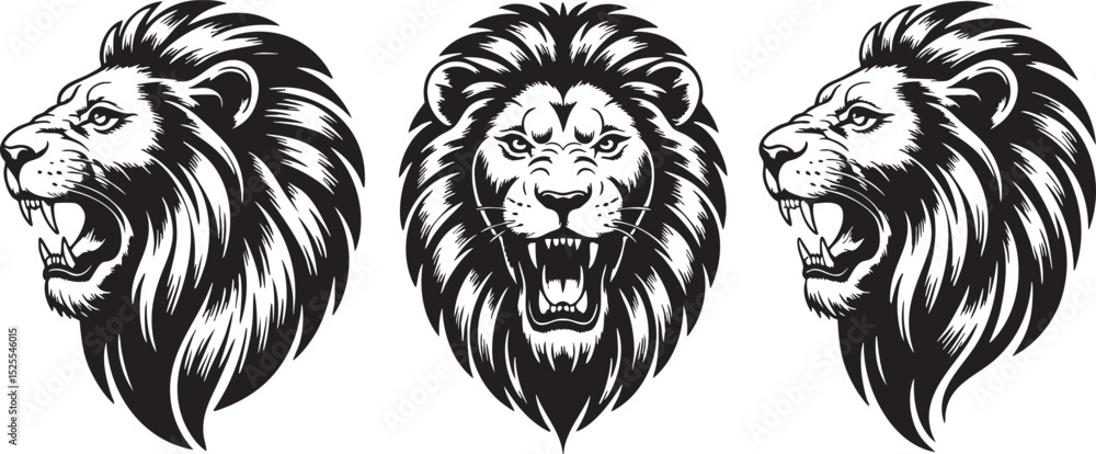 Fototapeta premium Roaring Lion Heads Engraving Set