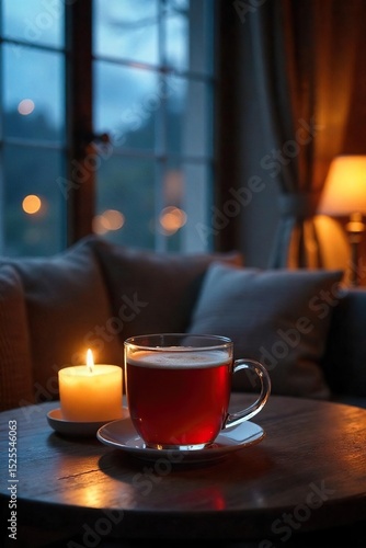 Relaxing evening with a calming beverage, soft lighting, and cozy ambiance Perfect for unwinding after a long day Enjoy the peaceful atmosphere , interior, peaceful