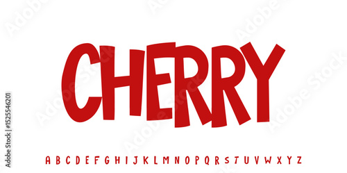 Summer Cherry drupe, joyful lettering, cartoon funny typography. Childish font for friendly logo headline of culinary recipe book, sweets, ice cream title. Food typographic design. Vector typeset.