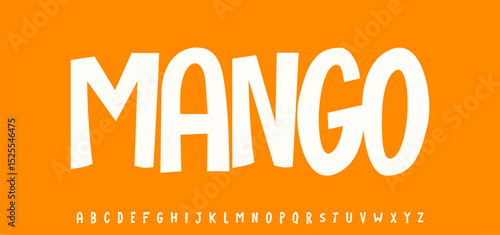Summer Mango drupe, joyful lettering, cartoon funny typography. Childish font for friendly logo headline of culinary recipe book, sweets, ice cream title. Food typographic design. Vector typeset.