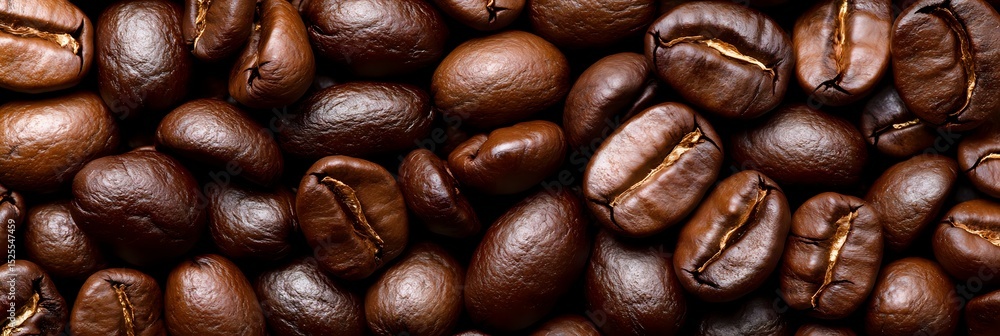 Fototapeta premium Fresh roasted coffee beans background with rich brown color and detailed texture showing natural grooves and cracks in panoramic close up view.