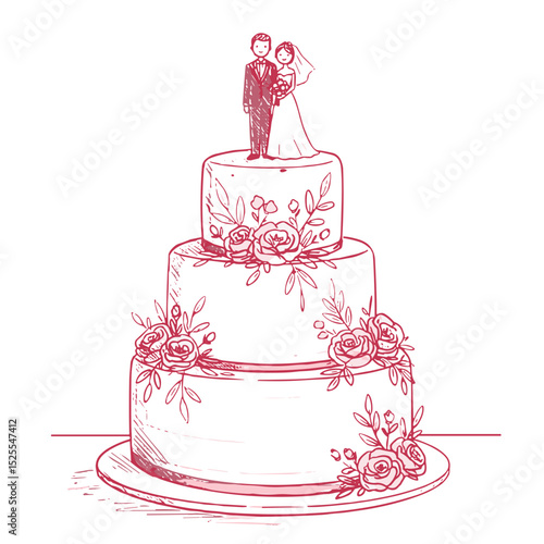 Hand-drawn wedding cake with bride and groom figurine for celebration and love illustration
