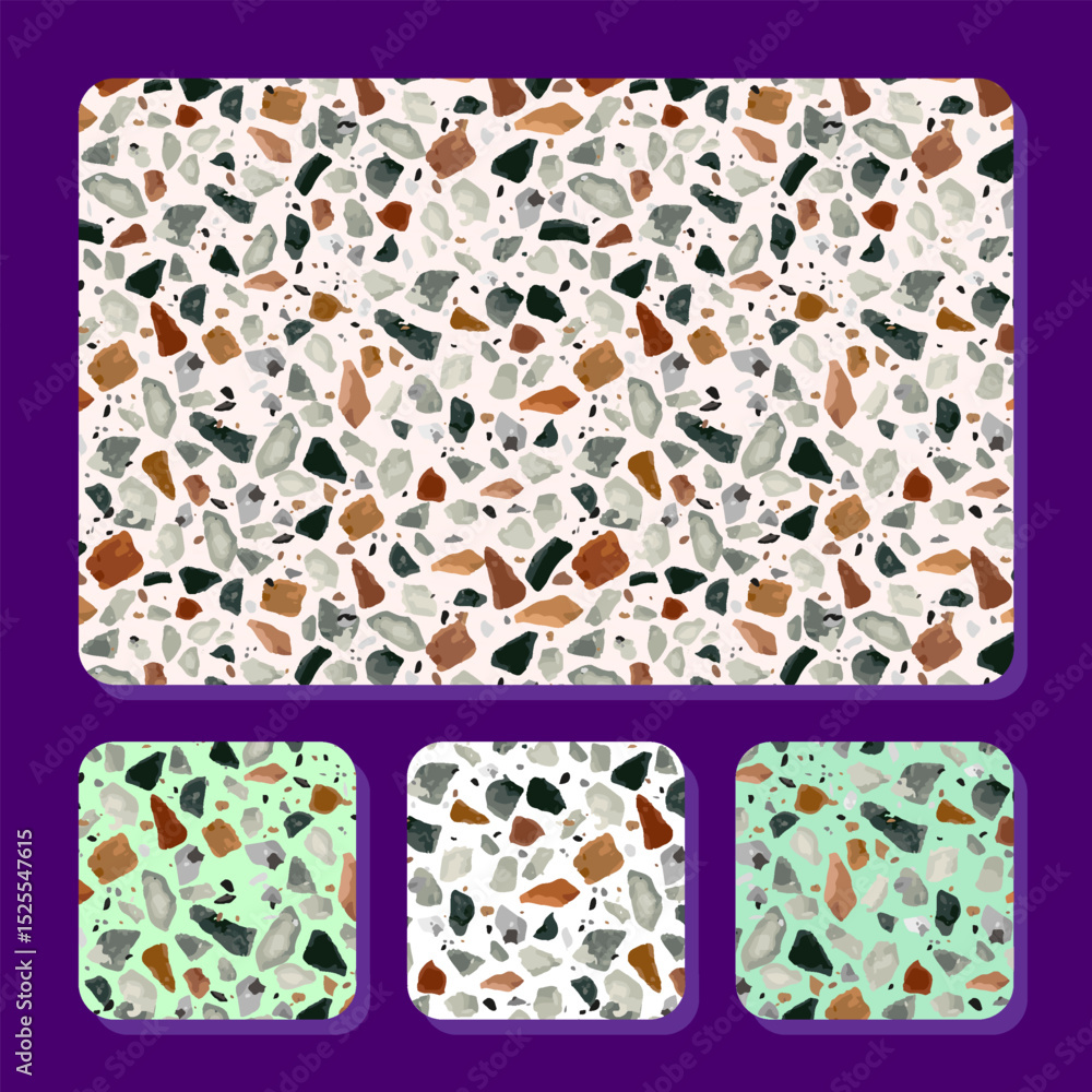 Fototapeta premium Seamless Terrazzo Stone Pattern Collection with Color Variations Modern Abstract Decorative Background for Interior Design, Flooring, Wall Tiles, and Creative Surface Textures