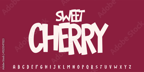 Summer Sweet Cherry drupe, joyful lettering, cartoon funny typography. Childish font for friendly logo headline of culinary recipe book, sweets, ice cream. Food typographic design. Vector typeset.