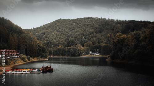 Fototapeta Naklejka Na Ścianę i Meble -  Peaceful landscape of a mountain lake with moored boats and cottages, on a cloudy summer day