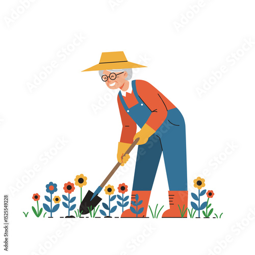 Active elderly gardening with a spade in colorful flowerbed  