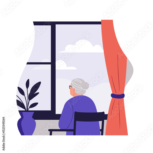 Elderly woman staring out window with plant and curtains in daylight  