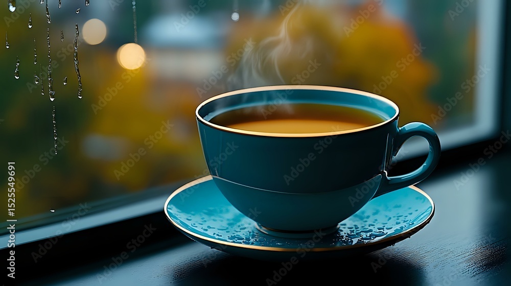 Obraz premium Steaming hot coffee in turquoise ceramic cup and saucer near rainy window with bokeh lights and autumn colors in background, cozy morning atmosphere.