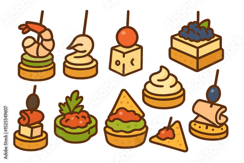 Festive snack set featuring canapés, fresh bites, and tasty appetizers for a party menu in a cartoon vector illustration