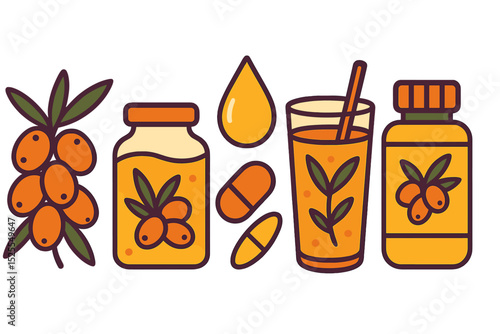 Isolated set consisting of sea buckthorn berry, sweet food product, nourishing oil, drink, and dietary supplement