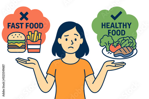 The choice between healthy and unhealthy food is a dilemma that young women encounter, with fast food being compared to a well-balanced menu