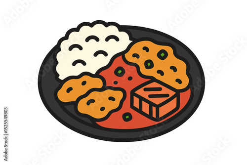 A colorful icon representing Eastern traditional cuisine, including Chinese-style meat with rice, black plate curry chicken, sweet and sour meat chops, and salmon cut into squares