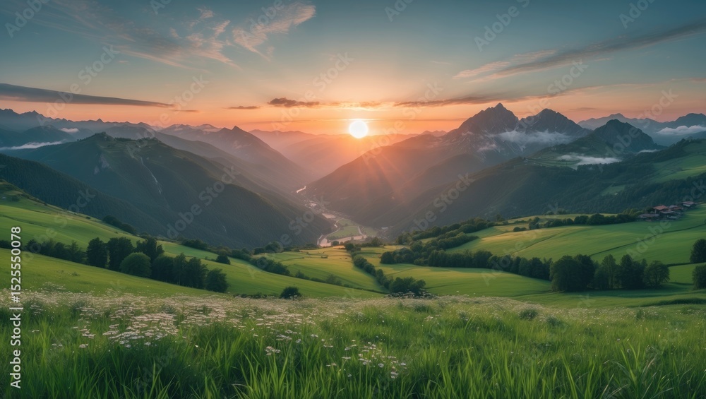Obraz premium Serene mountain landscape during sunset with lush green fields and a valley.
