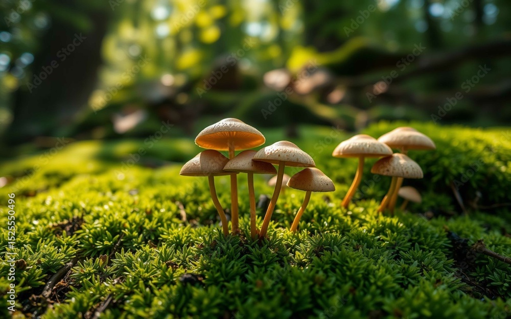 Fototapeta premium Close-up of wild mushrooms on a damp forest floor with moss and soft daylight. Sharp DSLR clarity, no text, no people, high-detail natural textures, clean background, evergreen nature.