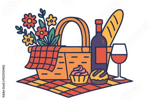 A romantic outdoor dinner setup is illustrated in a colorful flat vector style, featuring a picnic basket with wine, a wineglass, a baguette, cakes, and a bouquet of flowers, all on a white