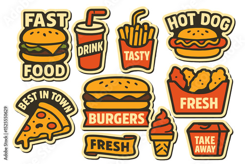 Retro fast food stickers come in a vector set, complete with colorful patch badges suitable for a junk food cafe