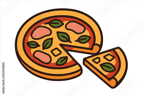 A traditional Italian dish, pizza is characterized by its thick crust, ham, cheese, basil, and triangular slices, typically served with sauce and sometimes cheddar, representing a classic meat food