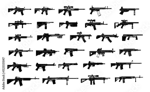 Assault rifles black ink vector set. Tactical firearms military weapons steel automatic fire gun ballistic firepower range shooting gear combat ready magazine clips sniper scopes isolated